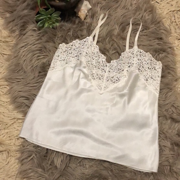 Vintage Tops - Vintage Silk Camisole Top-Off White with Lace